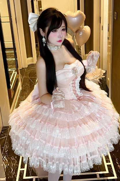 Lolita Dress - Heartbeat At First Sight, Pink, Layered, Lace-Up, Sweet Style - additional product view 5