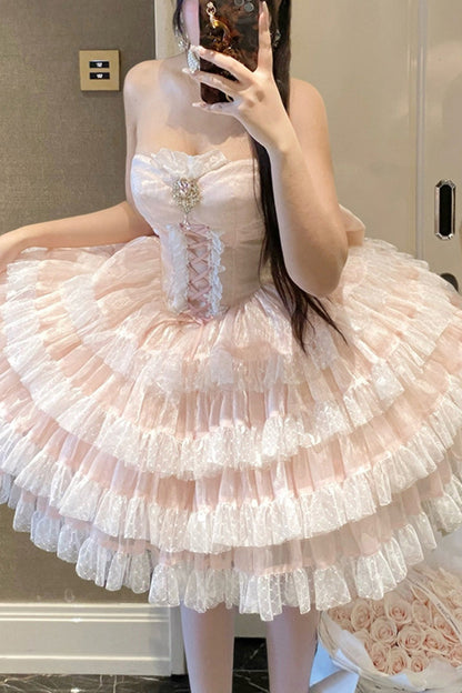 Lolita Dress - Heartbeat At First Sight, Pink, Layered, Lace-Up, Sweet Style - additional product view 8