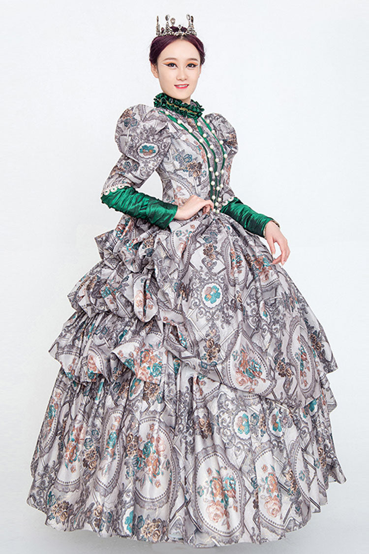 Lolita Dress - High Collar Embroidery Floral, Gray, Long Sleeves, Victorian Style, Printed - additional product view 2