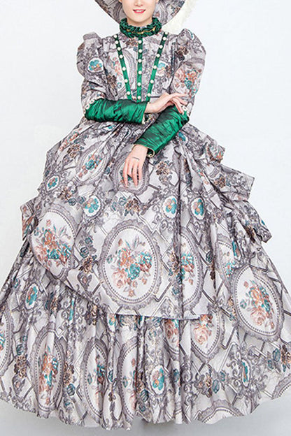 Lolita Dress - High Collar Embroidery Floral, Gray, Long Sleeves, Victorian Style, Printed - main product image