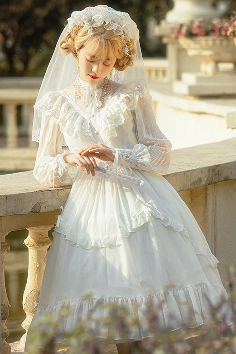 Lolita Dress - Hollow V Neck, White, Bow Detail, Ruffled, Long Sleeves - additional product view 2