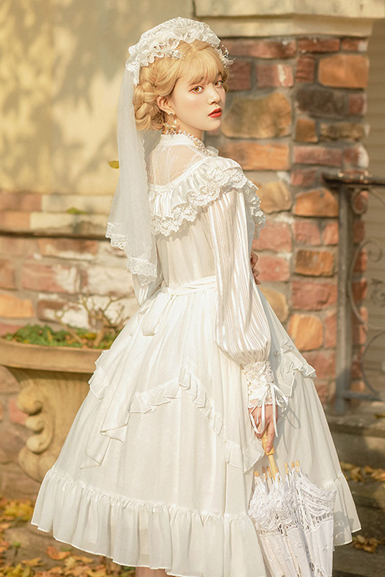 Lolita Dress - Hollow V Neck, White, Bow Detail, Ruffled, Long Sleeves - additional product view 3