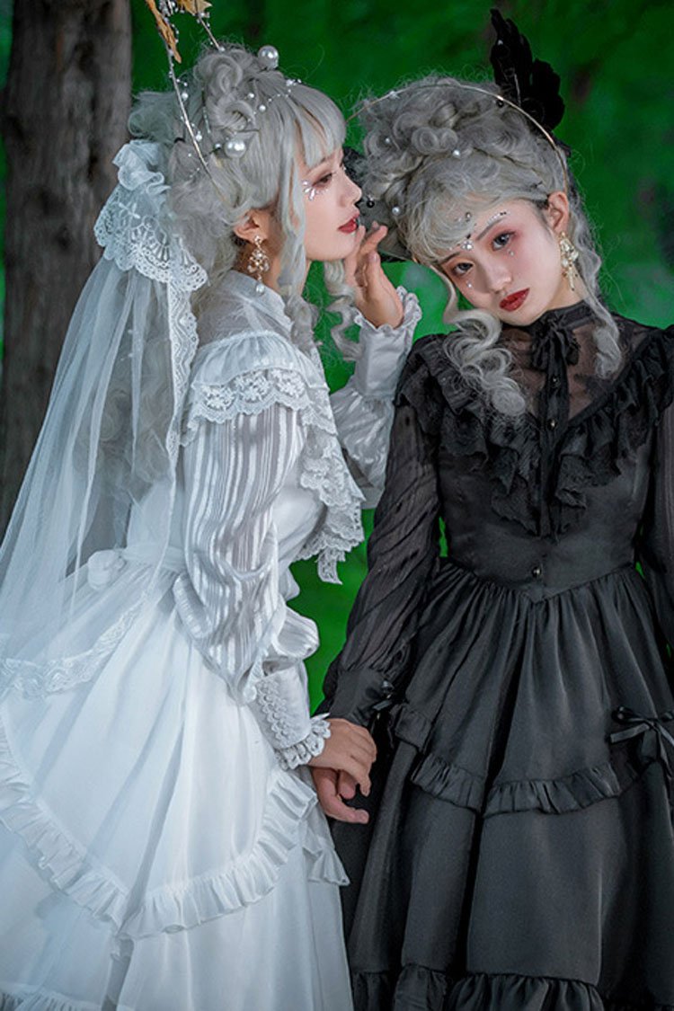 Lolita Dress - Hollow V Neck, White, Bow Detail, Ruffled, Long Sleeves - additional product view 4