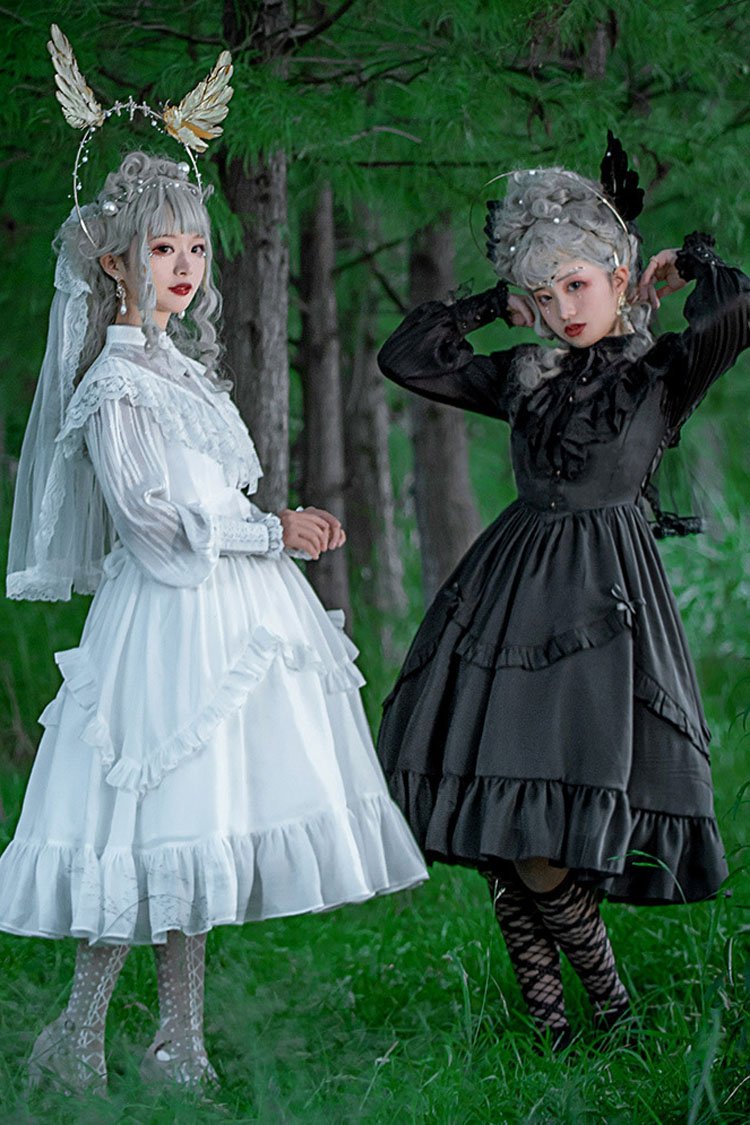 Lolita Dress - Hollow V Neck, White, Bow Detail, Ruffled, Long Sleeves - additional product view 5