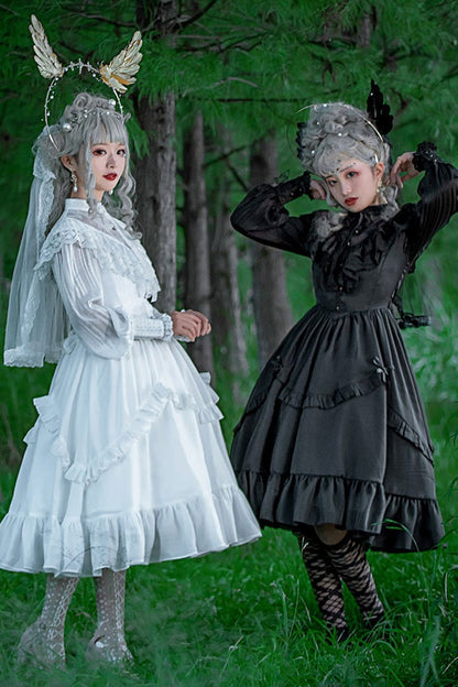 Lolita Dress - Hollow V Neck, White, Bow Detail, Ruffled, Long Sleeves - additional product view 5
