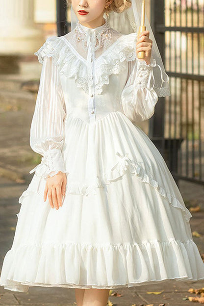 Lolita Dress - Hollow V Neck, White, Bow Detail, Ruffled, Long Sleeves - main product image