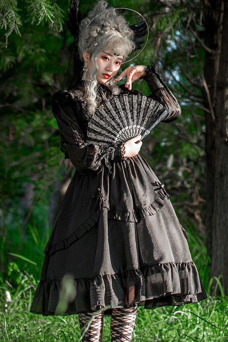 Lolita Dress - Hollow V Neck, White, Bow Detail, Ruffled, Long Sleeves - S Black / M Black / L Black option