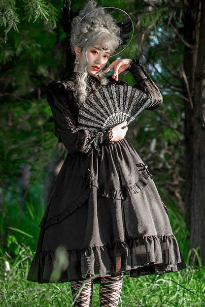 Lolita Dress - Hollow V Neck, White, Bow Detail, Ruffled, Long Sleeves - S Black / M Black / L Black option