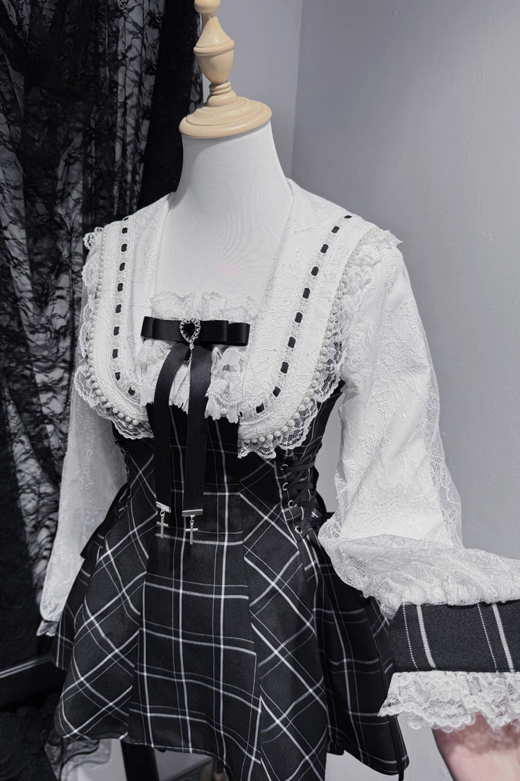 Lolita Dress - Isle Of Woven Dreams, 2 Colors, Square Collar, Plaid, Lace Trim - S Black-Plaid-Print / M Black-Plaid-Print / L Black-Plaid-Print option