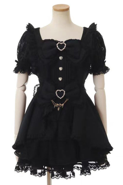 Lolita Dress - Jirai Kei Square Collar, 3 Colors, Square Collar, Lace Trim, Ruffled - S Black / M Black / L Black option