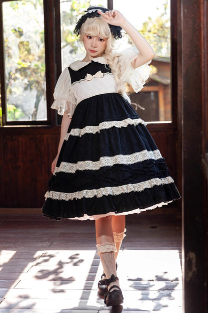 Lolita Dress - Kindergarten Class Theme, 3 Colors, Bow Detail, Ruffled, Sweet Style - M Black/White / L Black/White / XL Black/White option