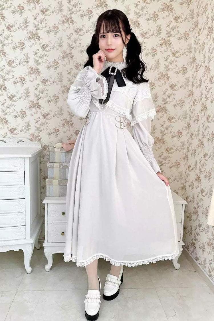 Lolita Dress - Lace Bowknot Slim Jirai, 5 Colors, Stand Collar, Lace Trim, Long Sleeves - S Beige / M Beige / L Beige option