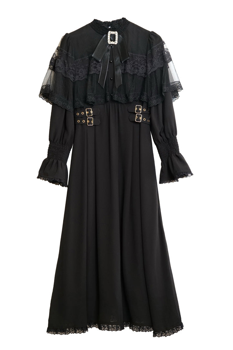Lolita Dress - Lace Bowknot Slim Jirai, 5 Colors, Stand Collar, Lace Trim, Long Sleeves - S Black / M Black / L Black option