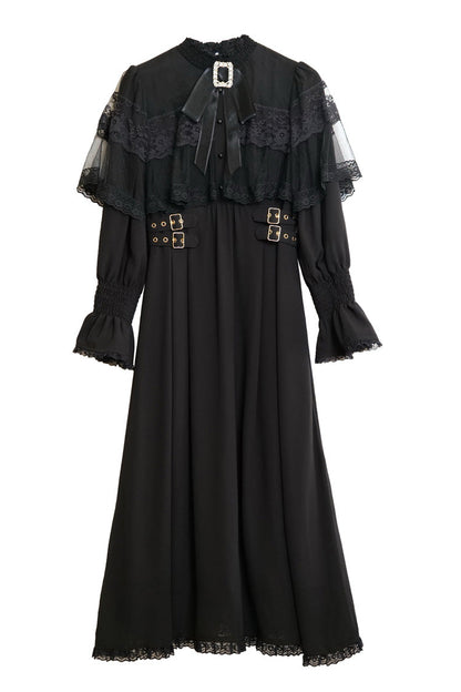 Lolita Dress - Lace Bowknot Slim Jirai, 5 Colors, Stand Collar, Lace Trim, Long Sleeves - S Black / M Black / L Black option