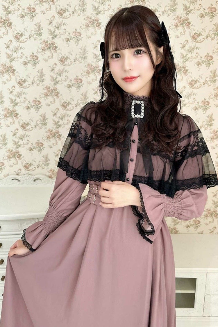Lolita Dress - Lace Bowknot Slim Jirai, 5 Colors, Stand Collar, Lace Trim, Long Sleeves - S Rose-Red / M Rose-Red / L Rose-Red option