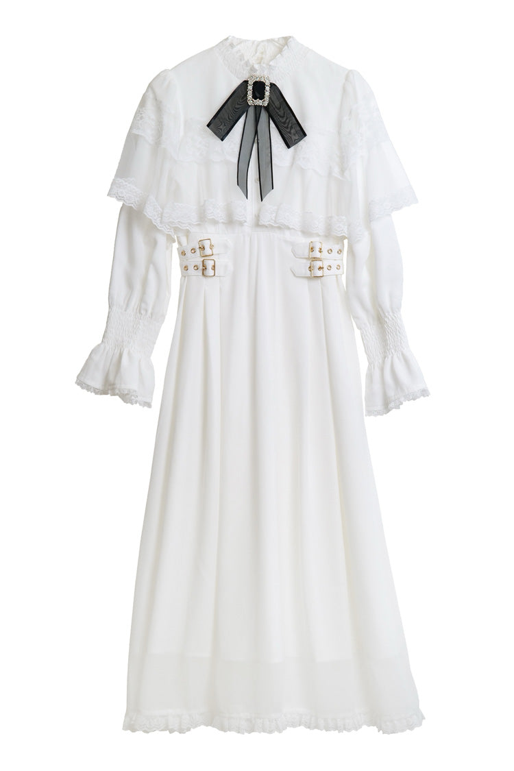 Lolita Dress - Lace Bowknot Slim Jirai, 5 Colors, Stand Collar, Lace Trim, Long Sleeves - S White / M White / L White option
