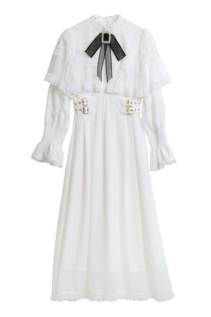 Lolita Dress - Lace Bowknot Slim Jirai, 5 Colors, Stand Collar, Lace Trim, Long Sleeves - S White / M White / L White option
