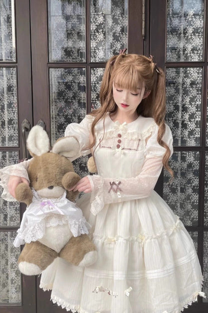 Lolita Dress - Lapel Collar Hollow Princess, White, Sweet Style, Lace Trim, Long Sleeves - additional product view 2