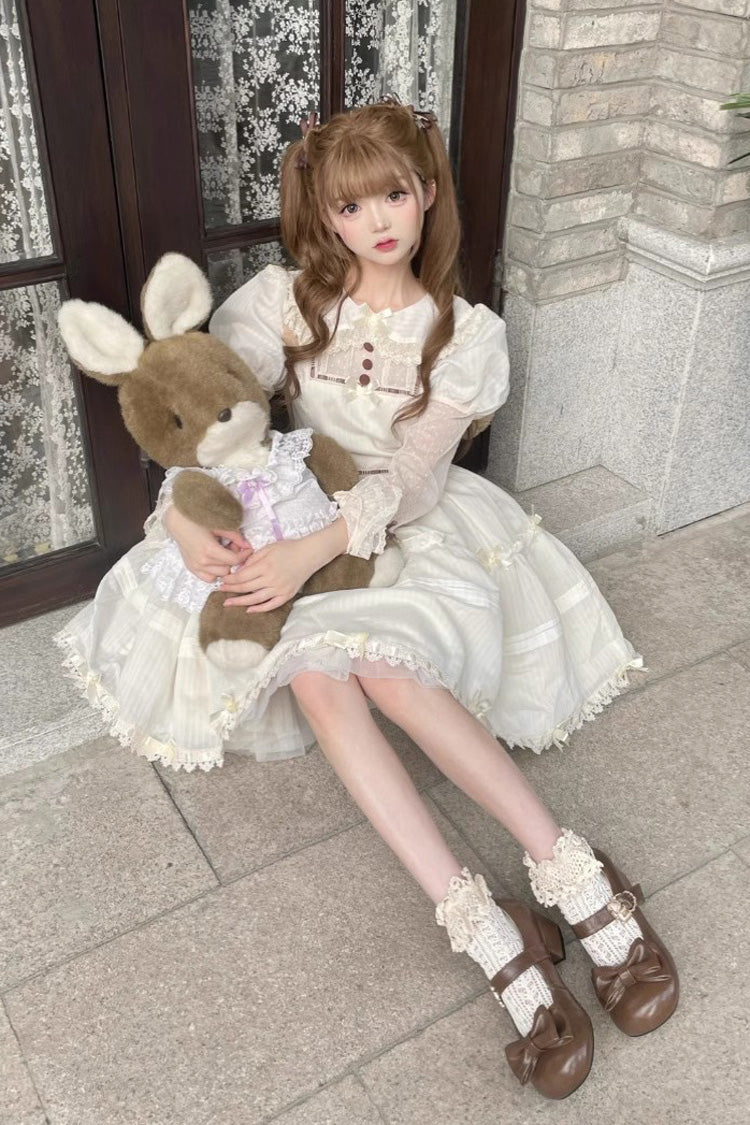 Lolita Dress - Lapel Collar Hollow Princess, White, Sweet Style, Lace Trim, Long Sleeves - additional product view 3
