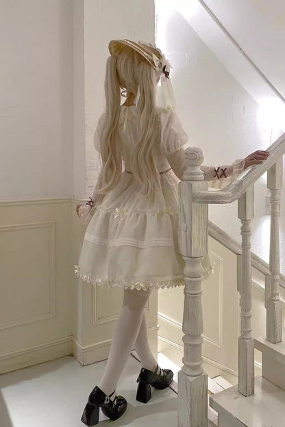 Lolita Dress - Lapel Collar Hollow Princess, White, Sweet Style, Lace Trim, Long Sleeves - additional product view 4