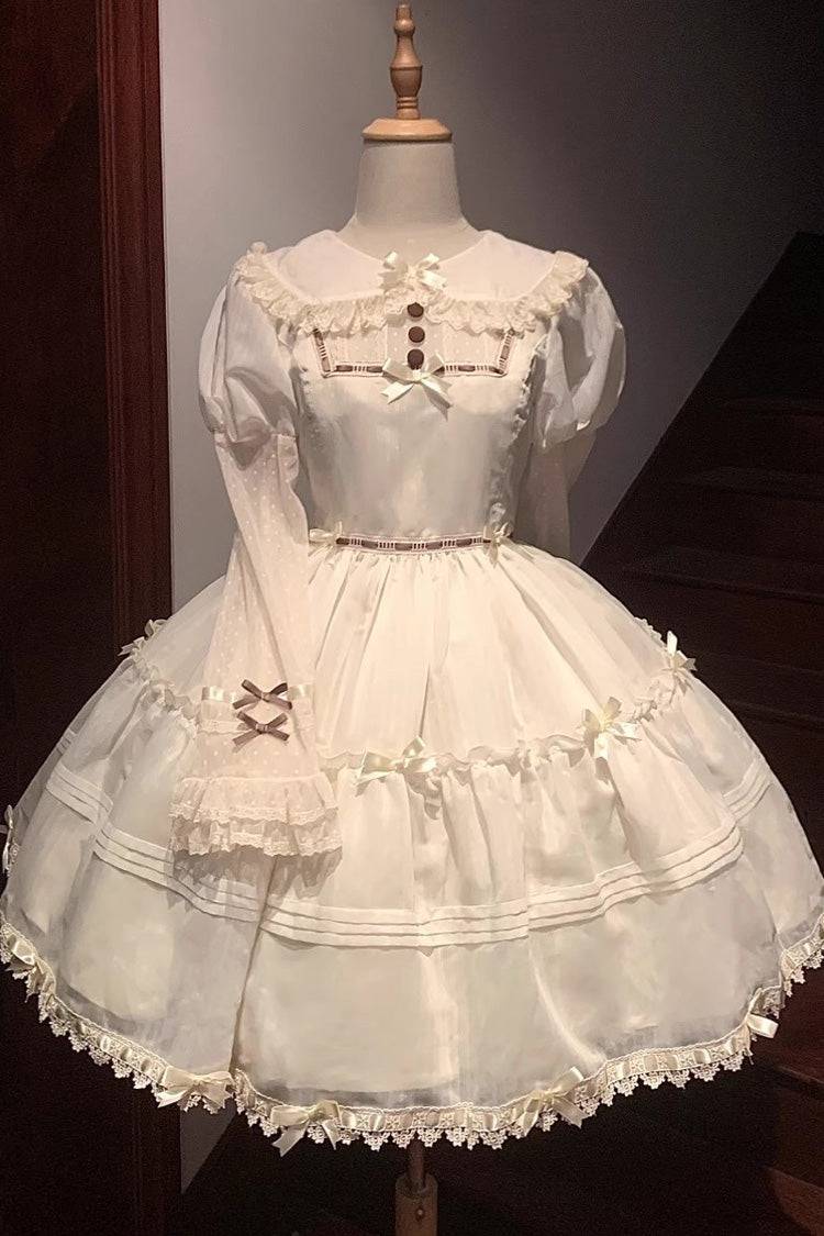 Lolita Dress - Lapel Collar Hollow Princess, White, Sweet Style, Lace Trim, Long Sleeves - additional product view 5