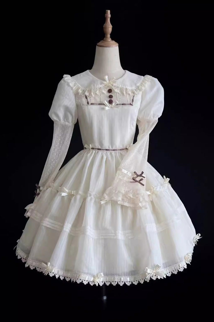 Lolita Dress - Lapel Collar Hollow Princess, White, Sweet Style, Lace Trim, Long Sleeves - additional product view 6