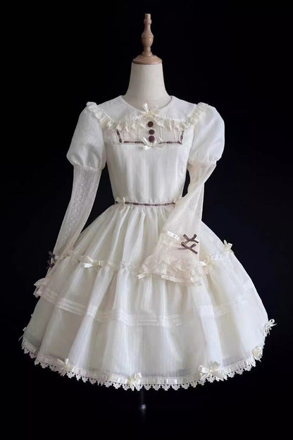 Lolita Dress - Lapel Collar Hollow Princess, White, Sweet Style, Lace Trim, Long Sleeves - additional product view 6
