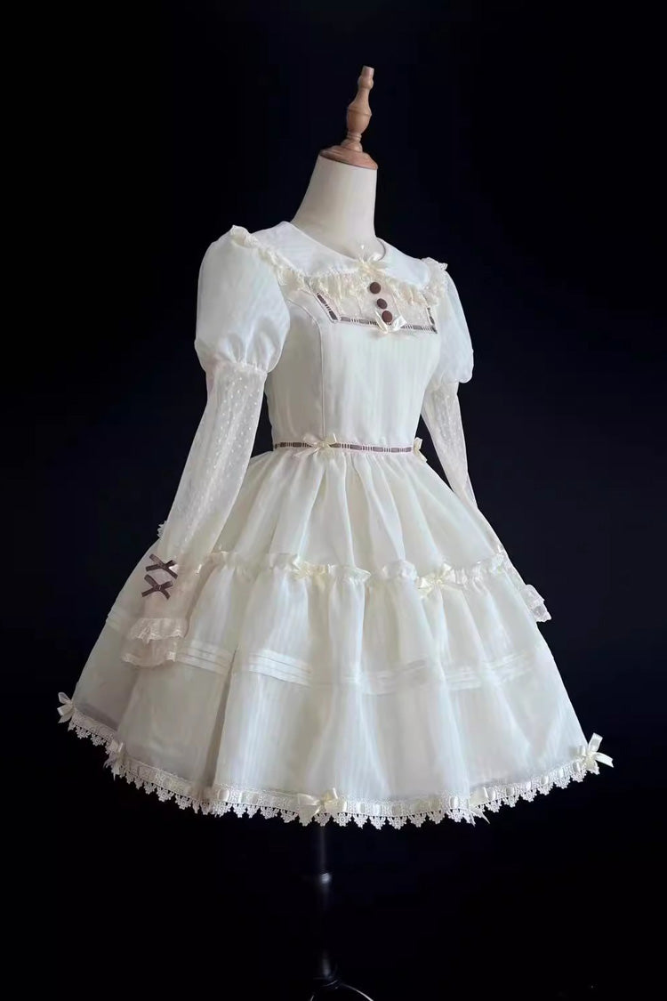 Lolita Dress - Lapel Collar Hollow Princess, White, Sweet Style, Lace Trim, Long Sleeves - additional product view 7
