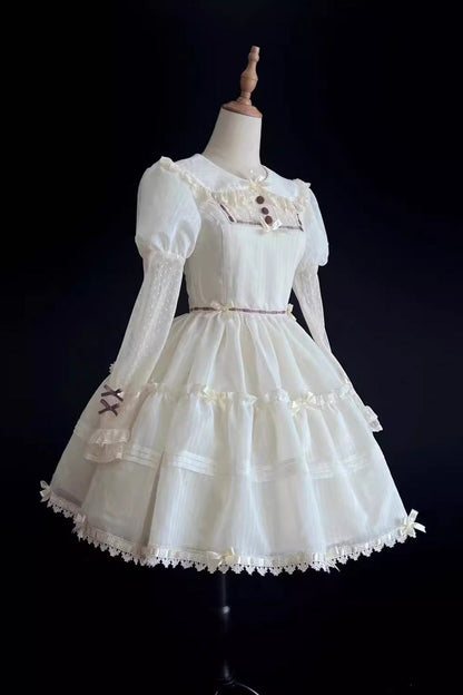 Lolita Dress - Lapel Collar Hollow Princess, White, Sweet Style, Lace Trim, Long Sleeves - additional product view 7