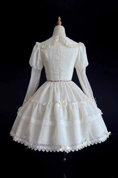 Lolita Dress - Lapel Collar Hollow Princess, White, Sweet Style, Lace Trim, Long Sleeves - additional product view 9