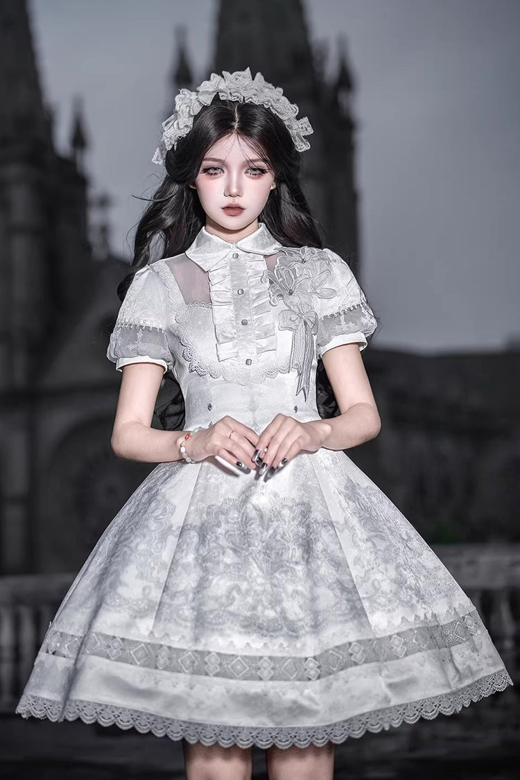 Lolita Dress - Lapel Collar Printed Ruffled, White, Gothic Style, Classic Style, Lace Trim - additional product view 2