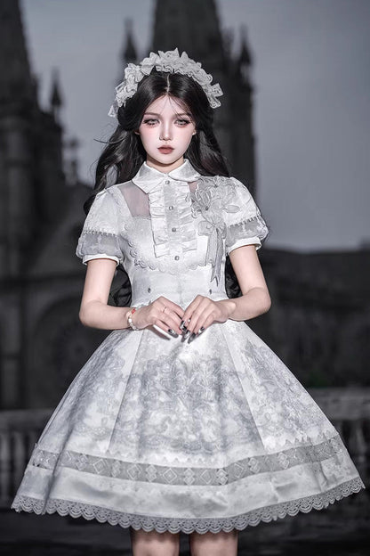 Lolita Dress - Lapel Collar Printed Ruffled, White, Gothic Style, Classic Style, Lace Trim - additional product view 2