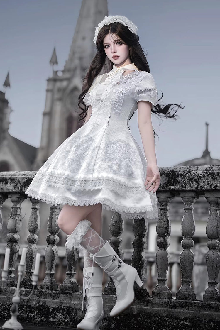 Lolita Dress - Lapel Collar Printed Ruffled, White, Gothic Style, Classic Style, Lace Trim - additional product view 3