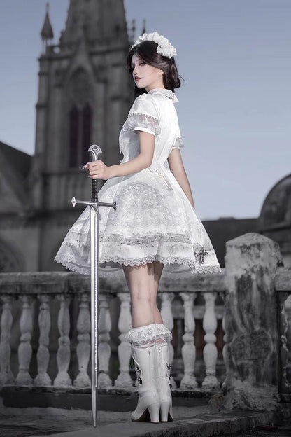 Lolita Dress - Lapel Collar Printed Ruffled, White, Gothic Style, Classic Style, Lace Trim - additional product view 4