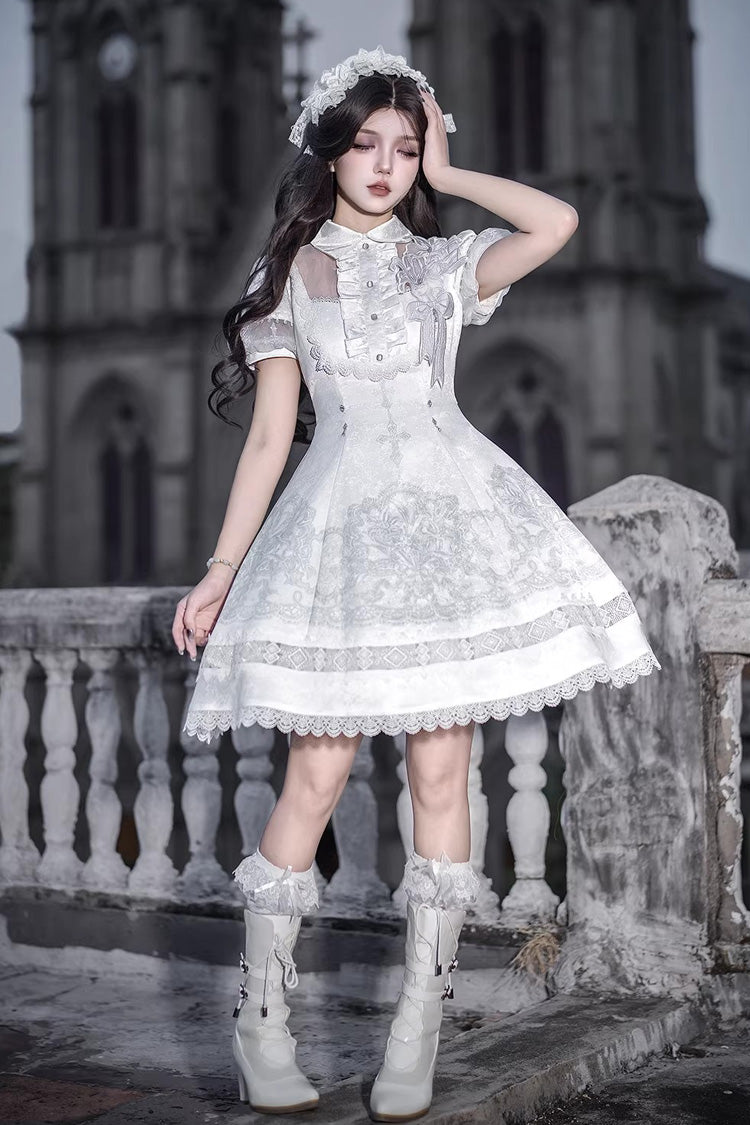 Lolita Dress - Lapel Collar Printed Ruffled, White, Gothic Style, Classic Style, Lace Trim - additional product view 5