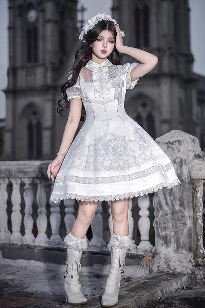 Lolita Dress - Lapel Collar Printed Ruffled, White, Gothic Style, Classic Style, Lace Trim - additional product view 5