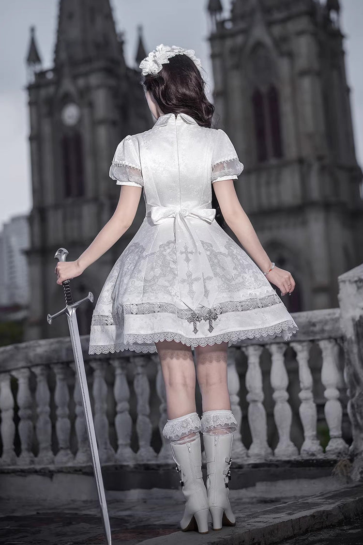 Lolita Dress - Lapel Collar Printed Ruffled, White, Gothic Style, Classic Style, Lace Trim - additional product view 6