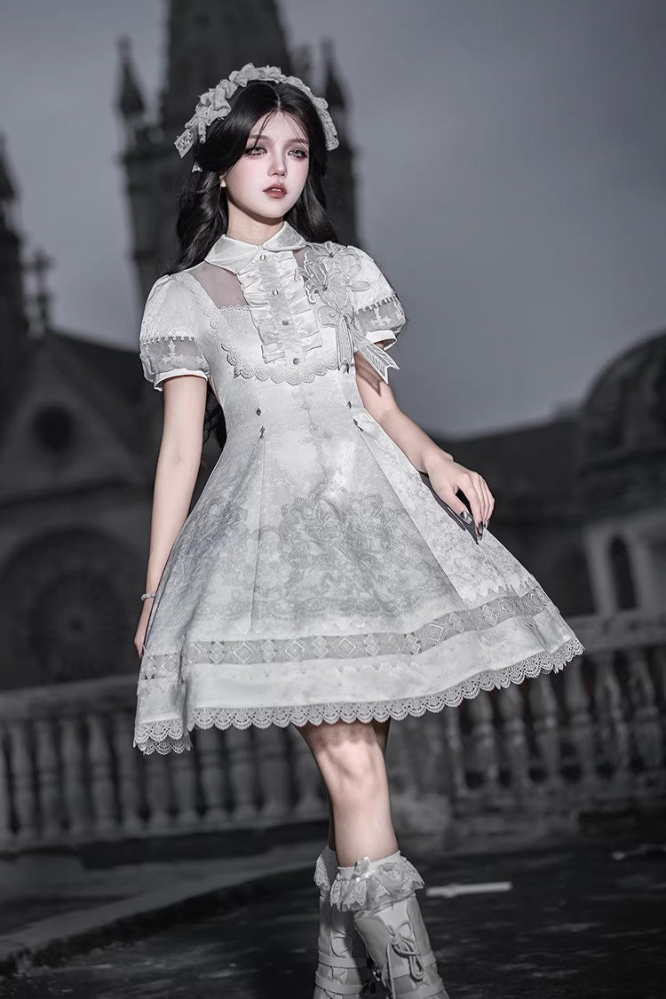 Lolita Dress - Lapel Collar Printed Ruffled, White, Gothic Style, Classic Style, Lace Trim - additional product view 7