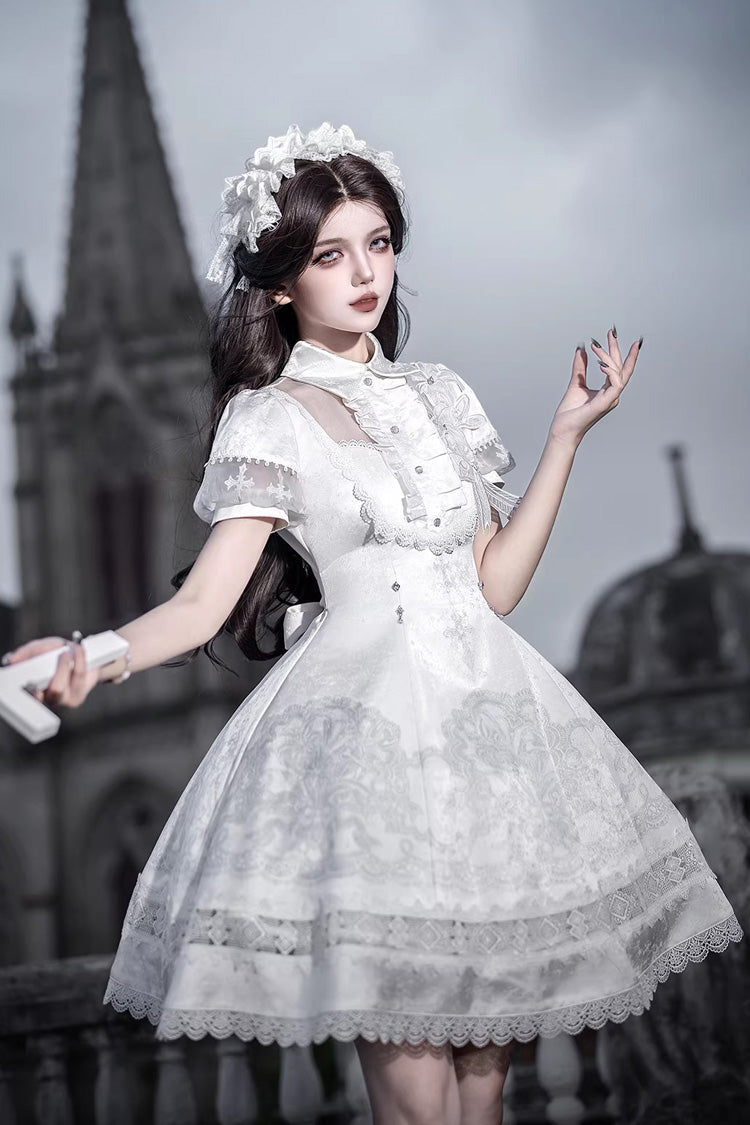Lolita Dress - Lapel Collar Printed Ruffled, White, Gothic Style, Classic Style, Lace Trim - additional product view 8