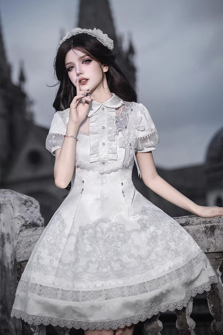 Lolita Dress - Lapel Collar Printed Ruffled, White, Gothic Style, Classic Style, Lace Trim - additional product view 9