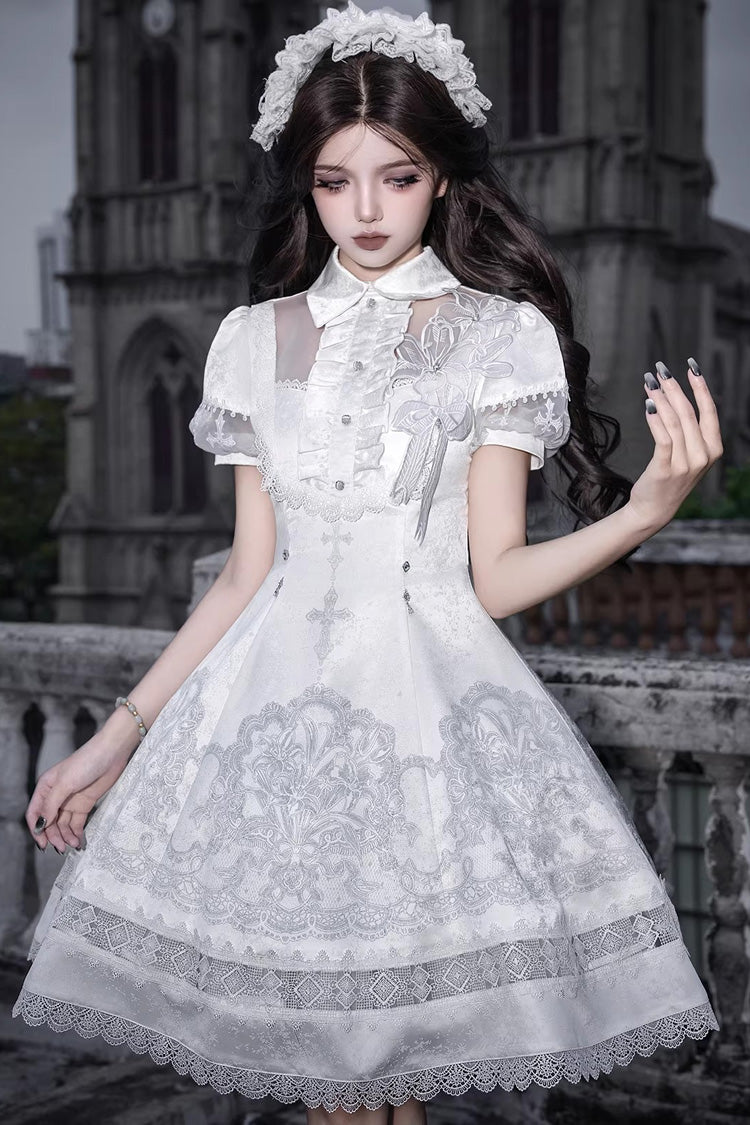 Lolita Dress - Lapel Collar Printed Ruffled, White, Gothic Style, Classic Style, Lace Trim - additional product view 10