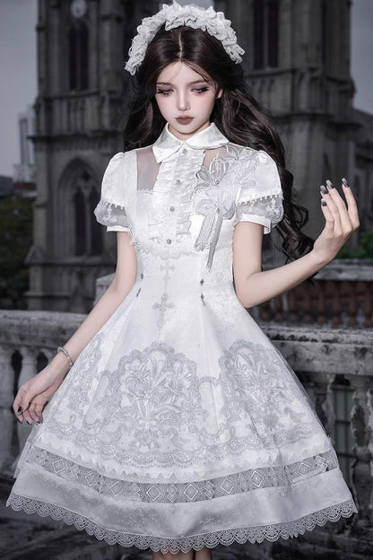 Lolita Dress - Lapel Collar Printed Ruffled, White, Gothic Style, Classic Style, Lace Trim - additional product view 10