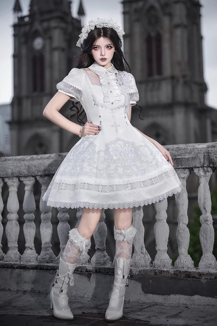 Lolita Dress - Lapel Collar Printed Ruffled, White, Gothic Style, Classic Style, Lace Trim - additional product view 11