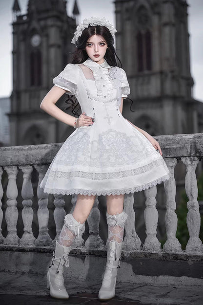 Lolita Dress - Lapel Collar Printed Ruffled, White, Gothic Style, Classic Style, Lace Trim - additional product view 11