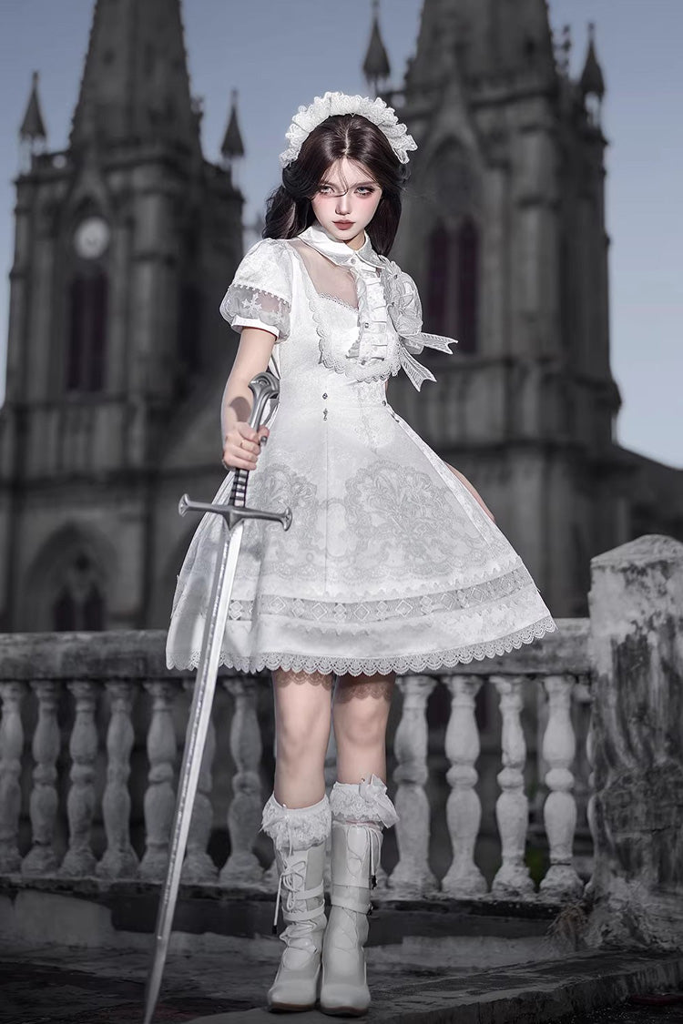 Lolita Dress - Lapel Collar Printed Ruffled, White, Gothic Style, Classic Style, Lace Trim - additional product view 12