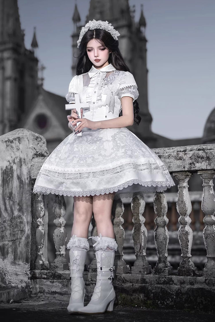 Lolita Dress - Lapel Collar Printed Ruffled, White, Gothic Style, Classic Style, Lace Trim - additional product view 13