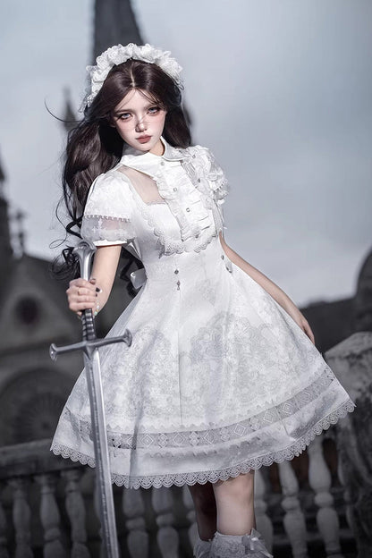 Lolita Dress - Lapel Collar Printed Ruffled, White, Gothic Style, Classic Style, Lace Trim - main product image