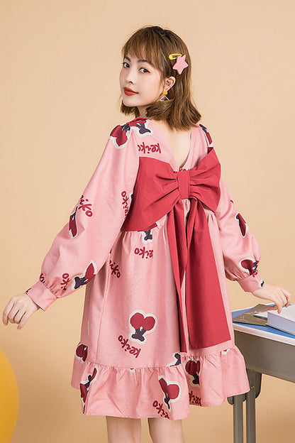 Lolita Dress - Lapel Collar Sleeved Cherry, Pink, Sweet Style, Bow Detail, Ruffled - additional product view 2