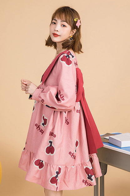 Lolita Dress - Lapel Collar Sleeved Cherry, Pink, Sweet Style, Bow Detail, Ruffled - additional product view 3
