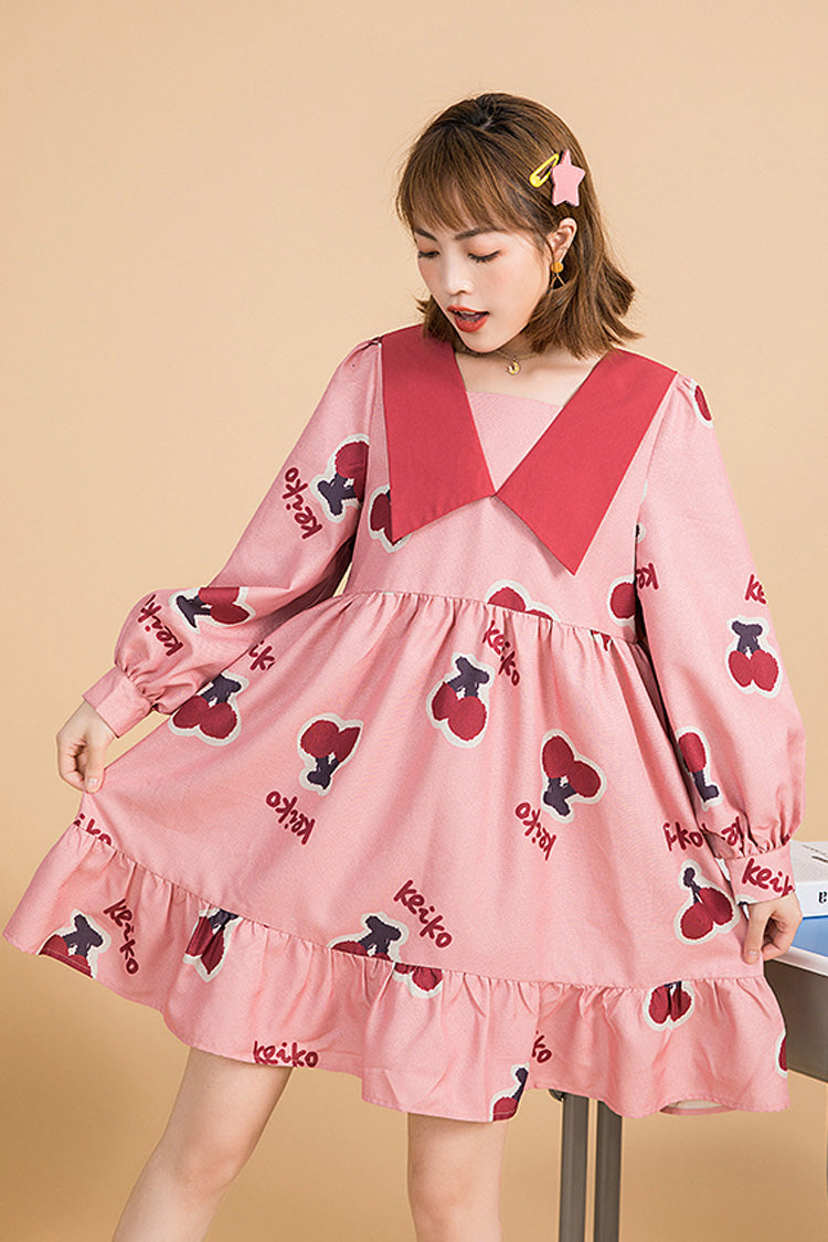 Lolita Dress - Lapel Collar Sleeved Cherry, Pink, Sweet Style, Bow Detail, Ruffled - additional product view 4